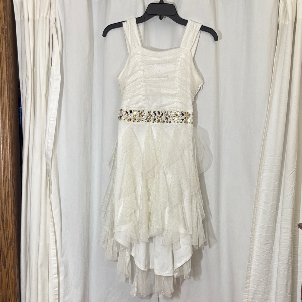 by & by white kids dress with gold accents